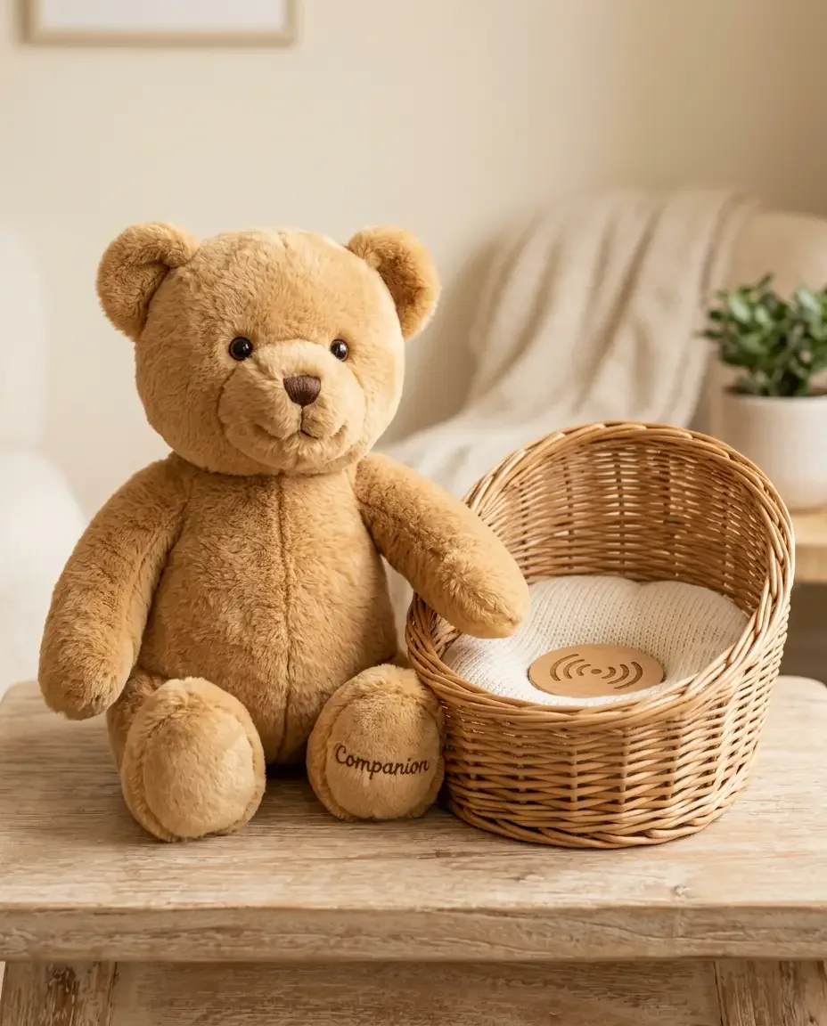 Ein brauner Teddy sitzt auf einem Holztisch neben einem geflochtenen Korb mit Ladeschale.