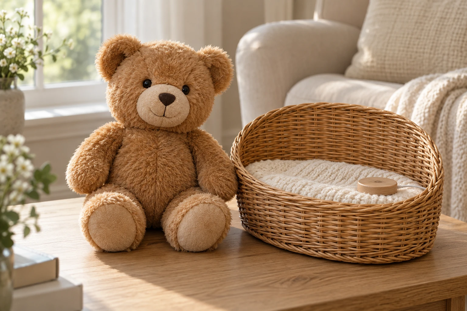 Der Teddy neben seinem Korb auf dem Tisch im Wohnzimmer.