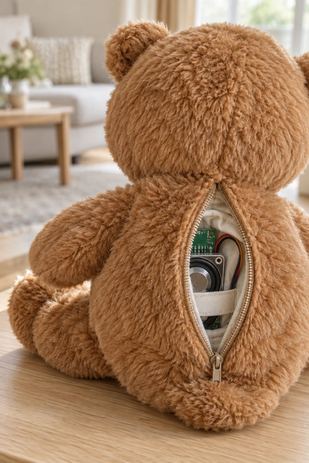 Blick hinter den geöffneten Reißverschluss des Teddys auf die darin untergebrachte Elektronik.