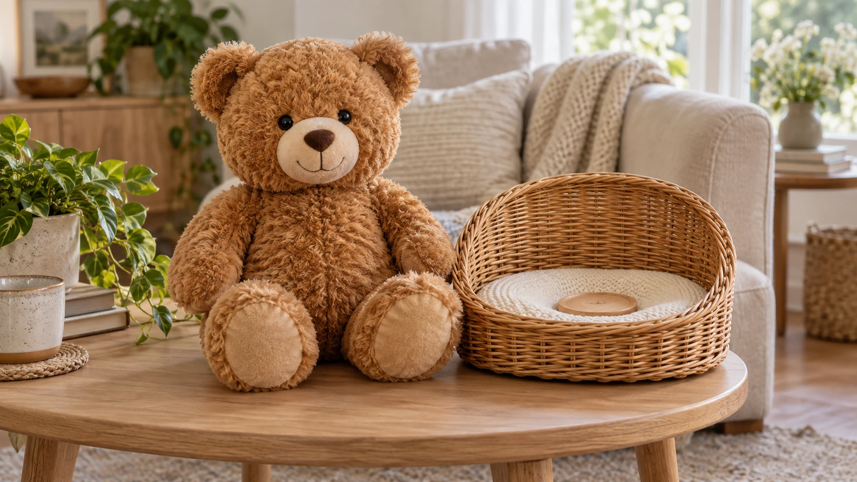 Ein brauner Teddy sitzt neben seinem geflochtenen Korb auf einem Holztisch vor einem hellen Sessel.